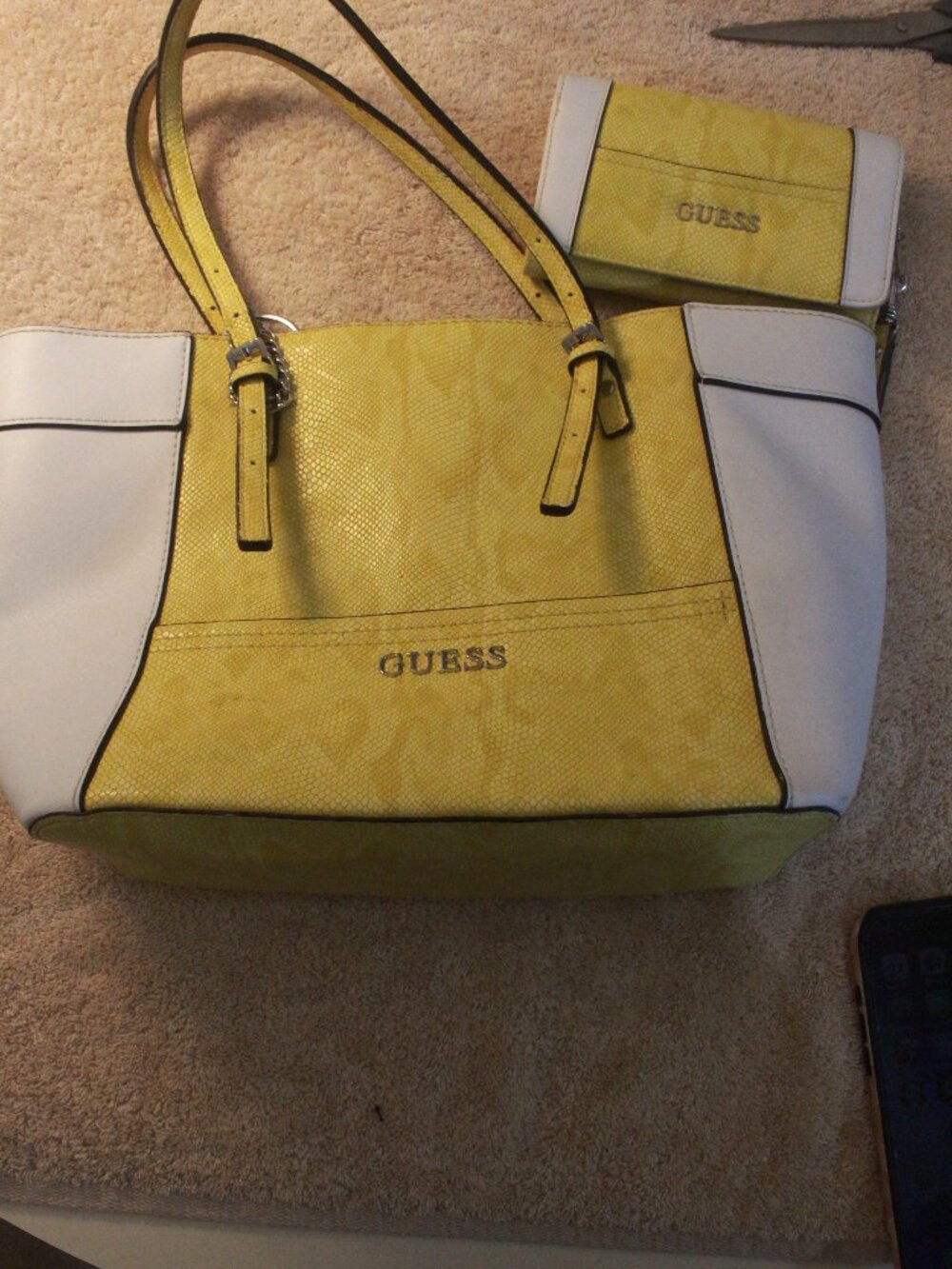Title: GUESS Yellow and White Tote with Matching Wallet